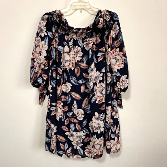 As You Wish Dress Off Shoulder L Blue Floral Shift Half Sleeve Party Shower - Picture 1 of 11